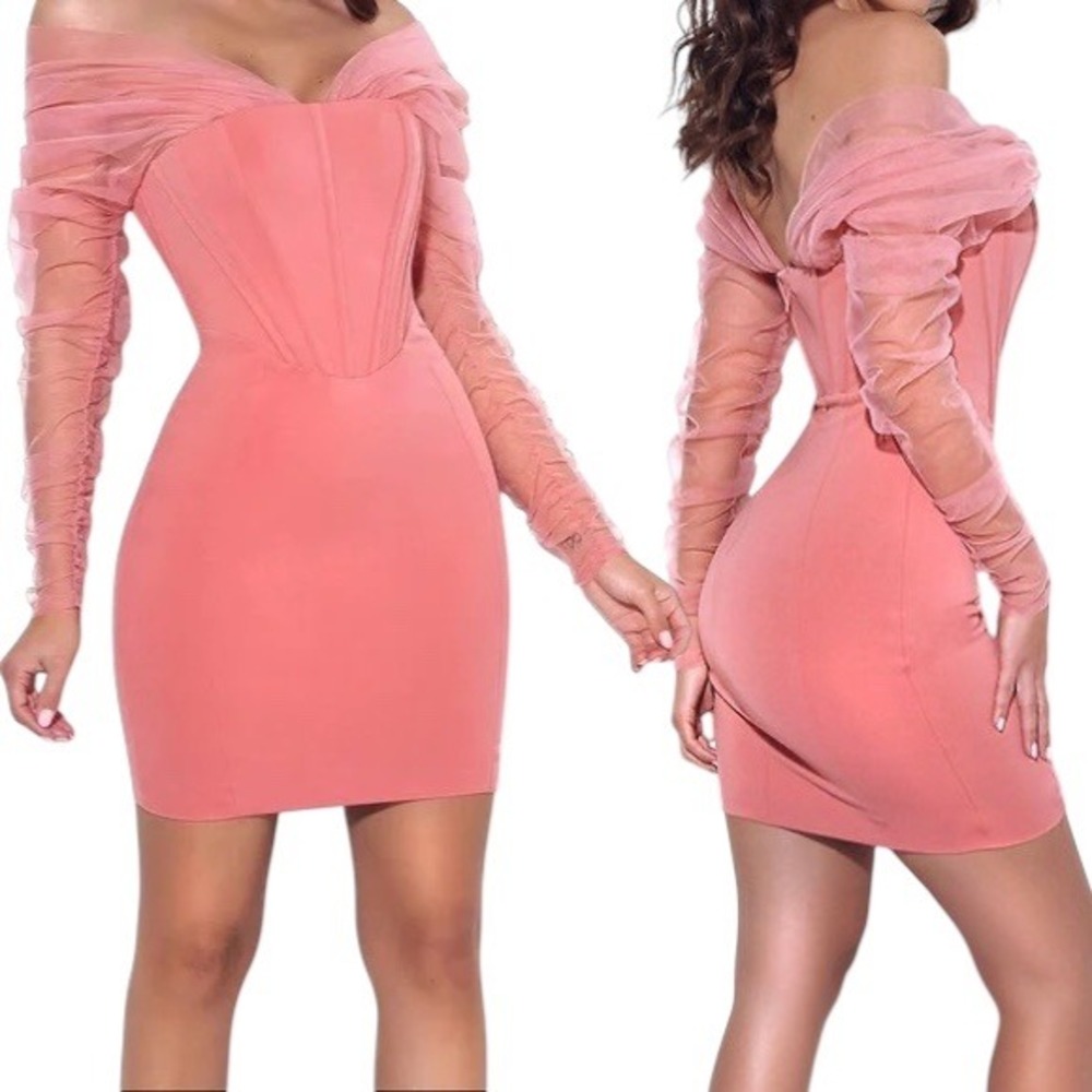 NWT Miss Circle Zofia
Salmon Pink Off
Shoulder Mesh Sleeve
Corset Dress XL